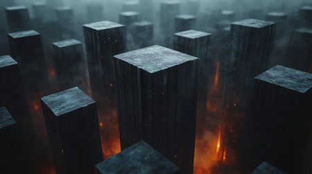An eerie landscape of dark stone pillars emerging from a smoky, fiery setting during twilight. Generative AIの素材