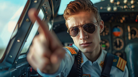 Confident Pilot in Cockpit Pointing Forward, Daytimeの素材