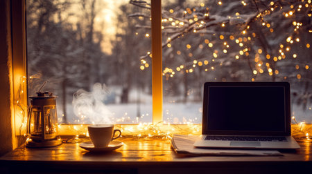 Cozy winter workspace by the window with warm beverage and fairy lights during sunsetの素材