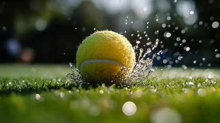 A close-up of a yellow tennis ball splashing water on grass after being hit during an outdoor match in bright sunlight. Generative AIの素材