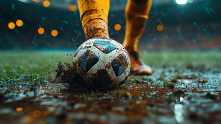 A soccer player kicks a muddy ball on the wet field during a rainy match in a dimly lit stadium in the evening. Generative AIの素材