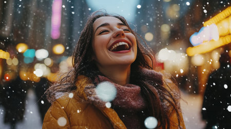 Joyful woman enjoying snowfall in a vibrant city during winter eveningの素材