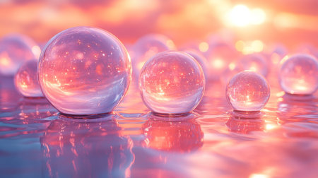 Colorful reflective spheres floating on calm water during a vibrant sunset in a tranquil setting. Generative AIの素材