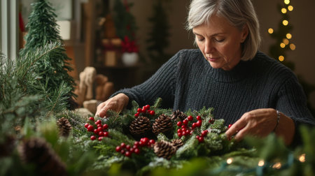 A woman decorates a festive wreath with pine cones and red berries in a cozy settingの素材