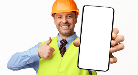 Construction Worker Showing Smartphone Empty Screen Gesturing Thumbs-Up, White Background