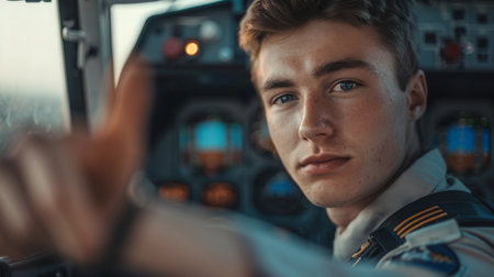 Young Pilot in Cockpit at Dusk Giving Thumbs Up, Focused Expressionの素材