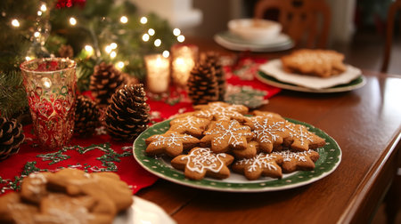 A plate of decorated gingerbread cookies sits on a table with Christmas decorationsの素材