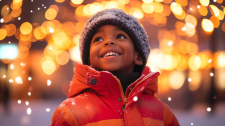 A joyful child enjoying festive lights and snowfall during winter celebrations at duskの素材