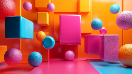 Vibrant geometric shapes in bright colors create a playful 3D environment with spheres and cubes against a textured background. Generative AIの素材