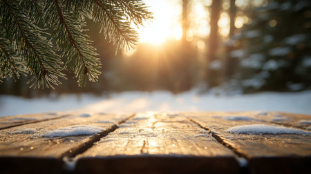 Sunlight streams through trees onto a wooden table in a snowy forest during wintertimeの素材