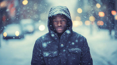 A person stands alone on snow-covered street in the city during a winter evening snowfallの素材