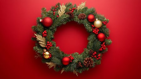 A Christmas wreath with red and gold ornaments sits on a red backgroundの素材