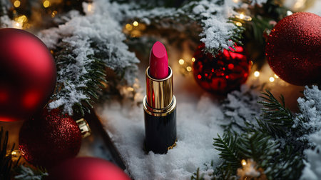 Bright pink lipstick placed in snow among Christmas decorations and festive lightsの素材