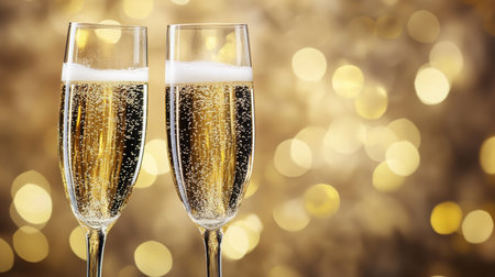 Two glasses of sparkling champagne sit in front of a golden backgroundの素材