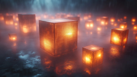 Illuminated glowing cubes surrounded by mist create a mystical atmosphere at night in a serene landscape. Generative AIの素材
