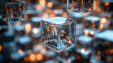 Floating glass cubes illuminated by soft lights create a dreamy atmosphere in a conceptual art installation. Generative AIの素材