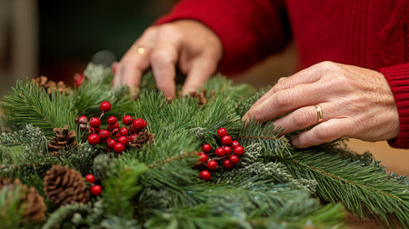 Creating a festive holiday wreath with natural greens and seasonal decorations indoorsの素材