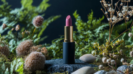 A stylish lipstick placed among natural elements in a serene garden settingの素材