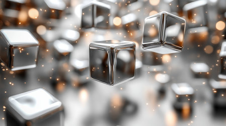 Floating metallic cubes create a mesmerizing visual effect with blurred golden lights in the background during a dynamic display. Generative AIの素材