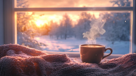 Warm cup of coffee by the window during a snowy sunset in winterの素材