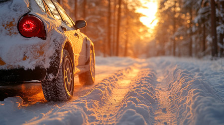 A car driving through a snowy forest during sunset, casting warm light on the snowy road with beautiful tree silhouettes. Generative AIの素材