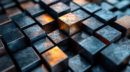 Abstract arrangement of metallic cubes creating a dynamic 3D pattern with contrasts in color and lighting. Generative AIの素材