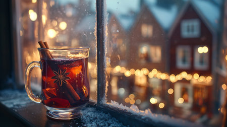 Warm spiced tea beside a frosty window overlooking a winter festival at twilightの素材