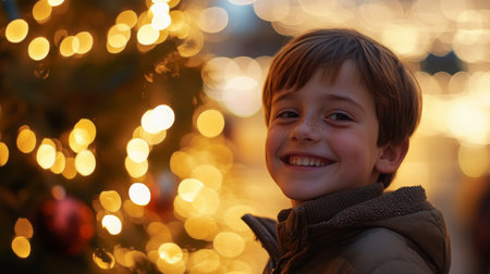 A joyful boy smiling next to a beautifully lit Christmas tree in the eveningの素材