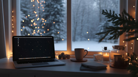 Cozy winter workspace by a snowy window with soft lights and festive decorationsの素材
