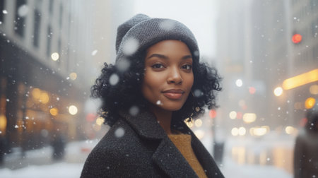 A young woman smiles warmly in a snowy city street during wintertimeの素材