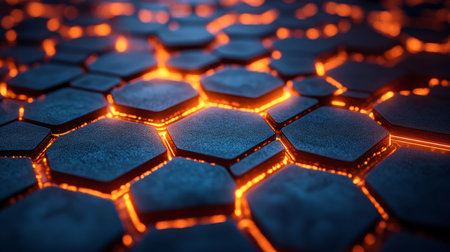 Hexagonal patterns glowing with molten lava emanate heat in an abstract dark environment. Generative AIの素材