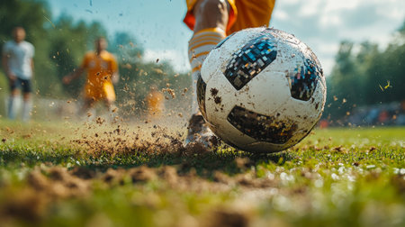 A soccer player kicks a rolling ball on a grassy field during a competitive match in the warm afternoon sunshine. Generative AIの素材