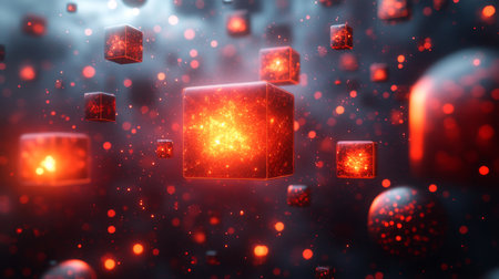 Dynamic 3D cubes glowing in vibrant red colors against a dark background, creating an otherworldly visual experience. Generative AIの素材