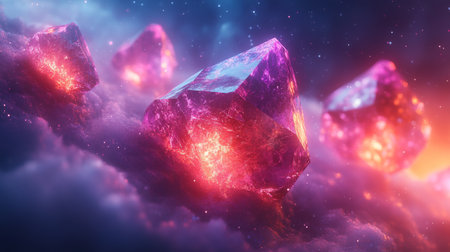 Glowing pink crystals floating in a mystical space setting with vibrant colors during twilight illumination. Generative AIの素材