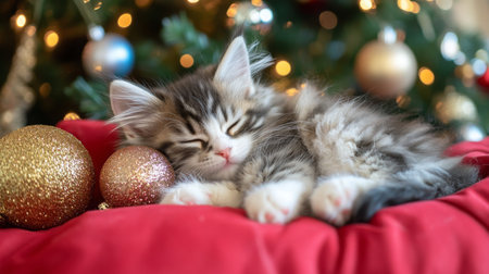 A fluffy kitten sleeps peacefully under a Christmas treeの素材