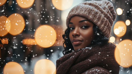 Woman enjoying a snowy winter day with twinkling lights in a city settingの素材