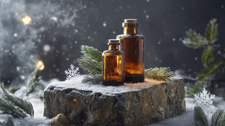 Beautifully arranged amber bottles with herbs on a snowy surface during winter seasonの素材