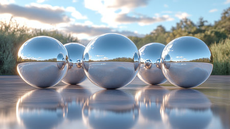 Shiny metallic spheres reflecting the serene landscape during golden hour at a quiet outdoor location. Generative AIの素材