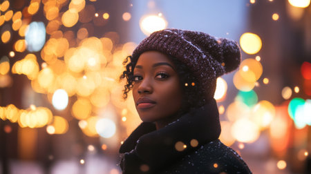A young woman enjoying a snowy evening among city lights during the winter seasonの素材