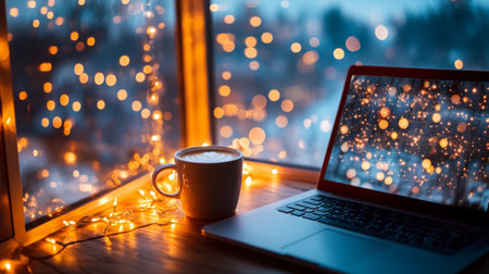 Cozy workspace with warm lights and a steaming cup near the laptop during winter eveningの素材