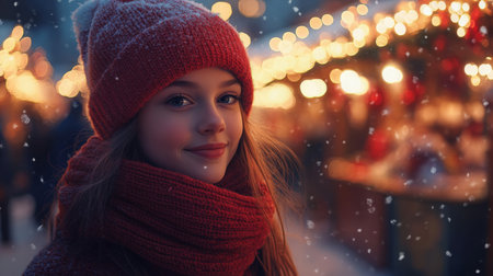 A young girl smiling warmly in a winter market surrounded by festive lights and snowflakesの素材