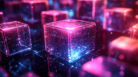Vibrant glowing blocks in a futuristic digital landscape showcasing colorful lights and intricate patterns at night. Generative AIの素材