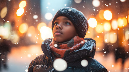 Young child enjoying a snowy evening in the city, gazing up with wonder and excitementの素材