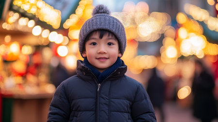 Young boy smiling warmly in winter attire at a festive market during the holiday seasonの素材
