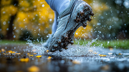 A runner splashes through puddles in muddy conditions during autumn in a park, capturing the energy of the rainy season. Generative AIの素材