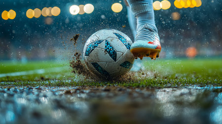 A player skillfully strikes a muddy soccer ball during a rainy match under stadium lights at night in an exciting atmosphere. Generative AIの素材