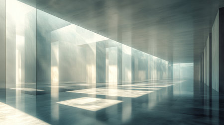 A serene architectural interior with sunlight streaming through glass, creating reflections and shadows in a contemporary space. Generative AIの素材