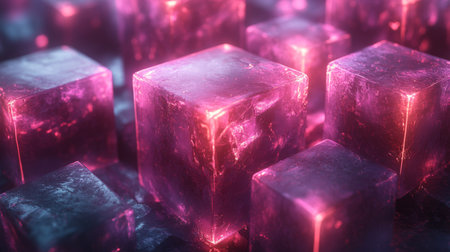 Colorful translucent cubes illuminated by purple and pink light in an abstract digital landscape. Generative AIの素材