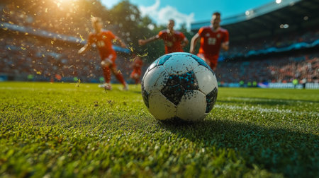 A soccer ball sits on the grass as players rush towards it during an intense match in a packed stadium at sunset. Generative AIの素材