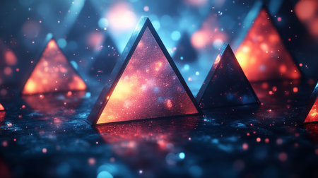 Colorful luminous pyramids glowing in a mystical environment with a vibrant light reflection during the night setting. Generative AIの素材
